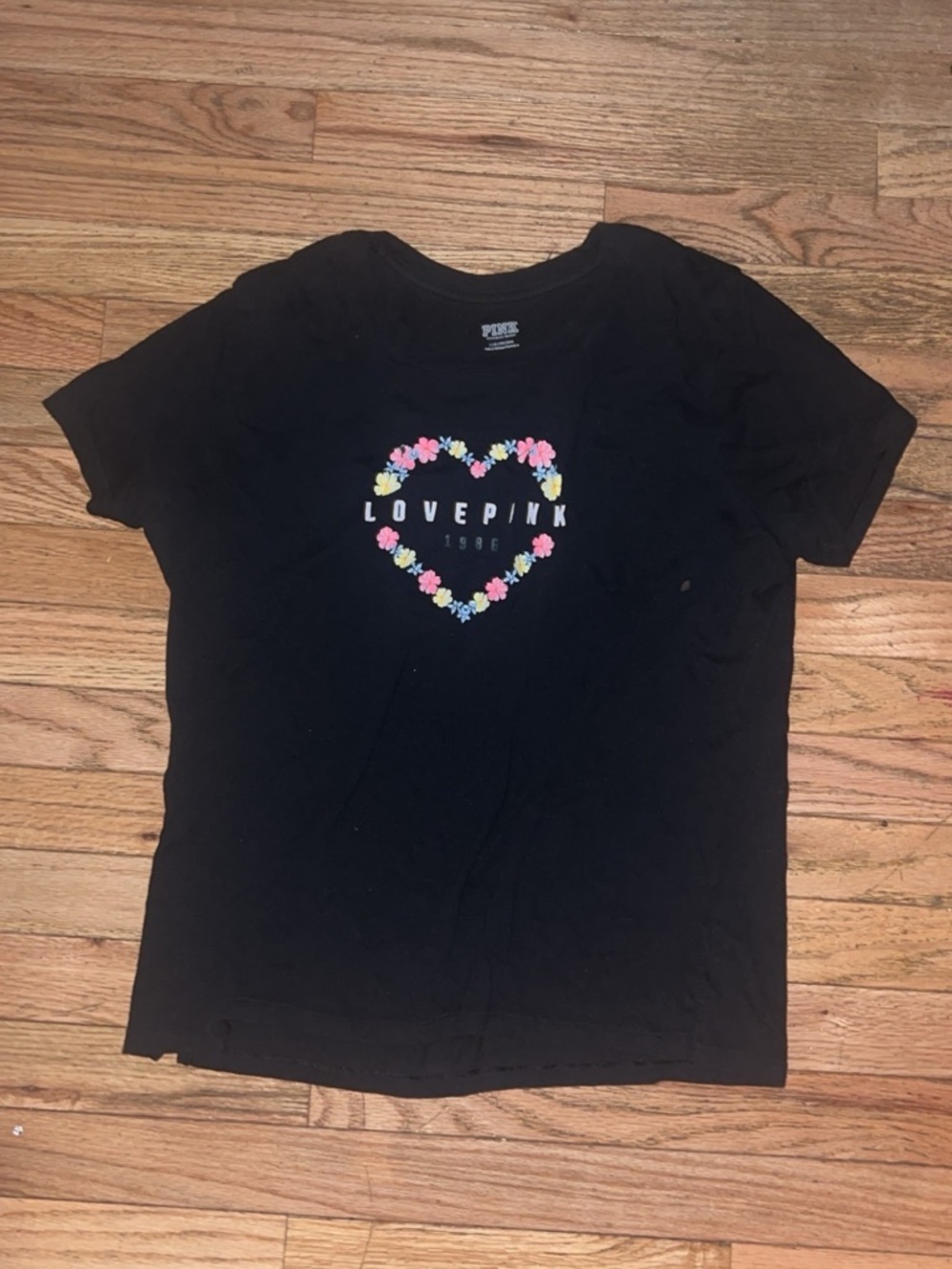 PINK Victoria's Secret Black Tee with Floral Heart Graphic